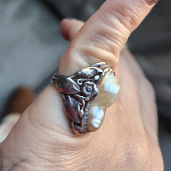 Handmade Sterling Silver 925 Vintage Baroque Pearl Floral Ring Sz 3 - Picture 4 of 8